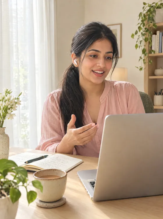 A smiling woman on a video call at her desk, earbuds in, a cup of chai beside her notebook