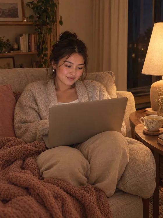 A woman on a sofa in the evening, smiling at her laptop, a cup of tea beside her
