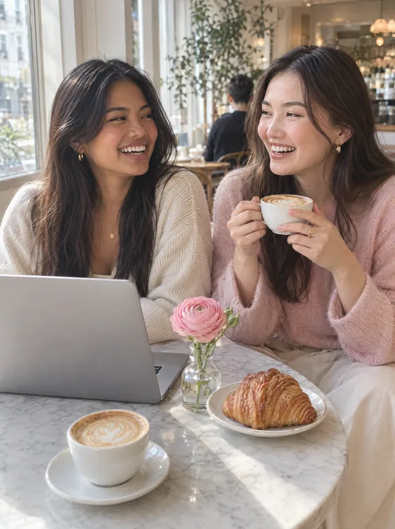 Two friends laughing in a café on a weekday, a laptop open
