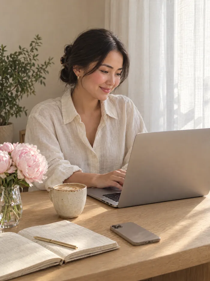 A woman working at a bright home desk with a laptop, a latte and peonies