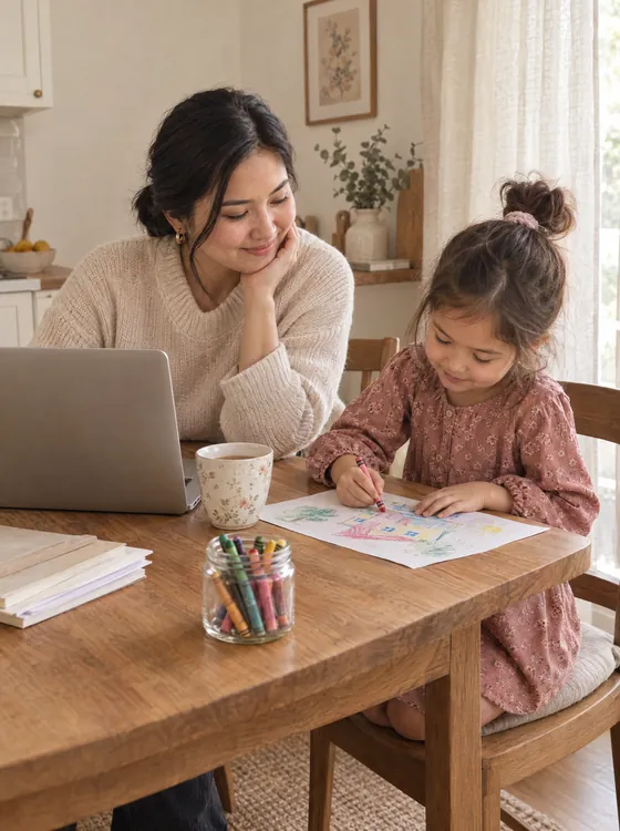 A woman working at the kitchen table while a little girl draws beside her
