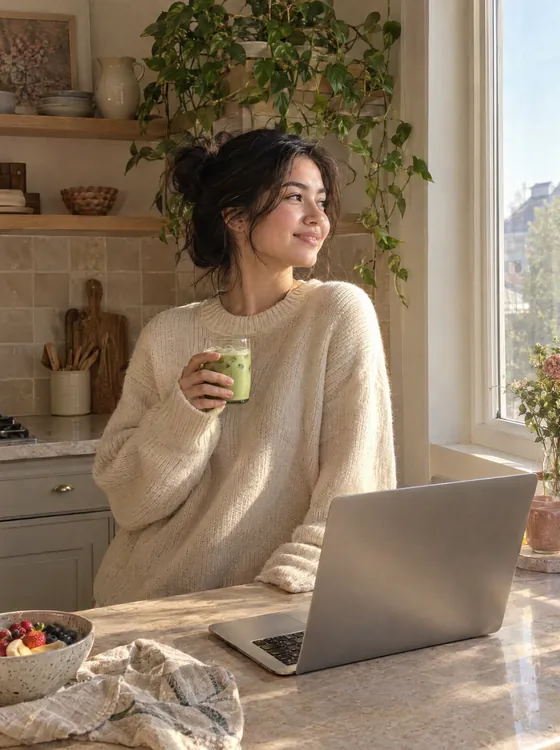 A slow morning: matcha and a laptop in a sunny kitchen