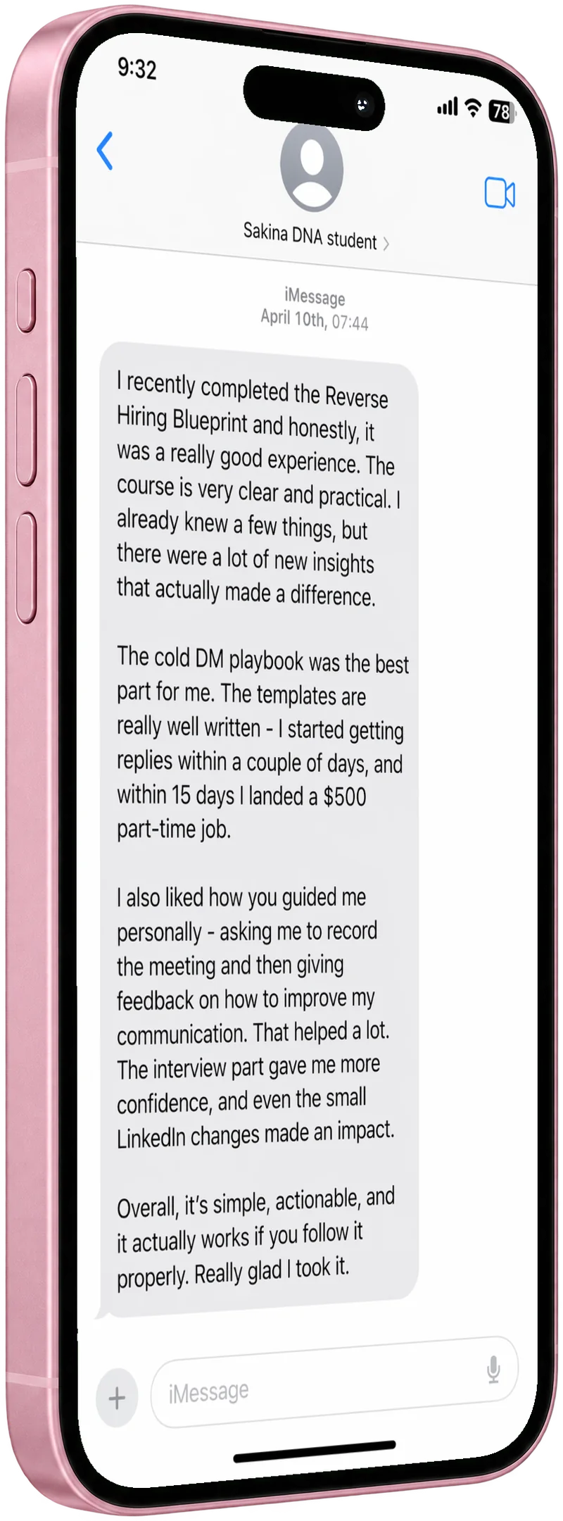Sakina's message about the toolkit, shown in a clean chat view (re-created from her WhatsApp message to protect her number)