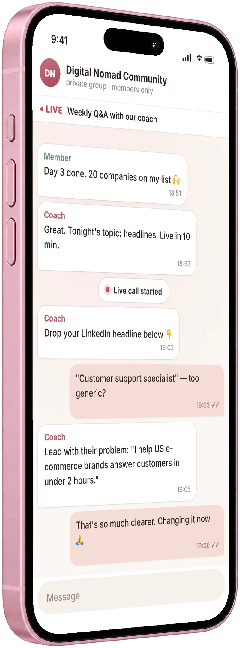 The Digital Nomad Community on Telegram: a coach answering a member's question about a LinkedIn headline (illustrative screen)