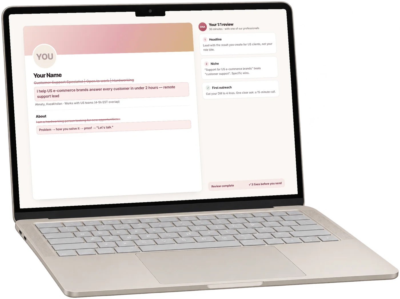 Illustrative example of a 1:1 review: a sample LinkedIn profile on a laptop, with notes on what to change