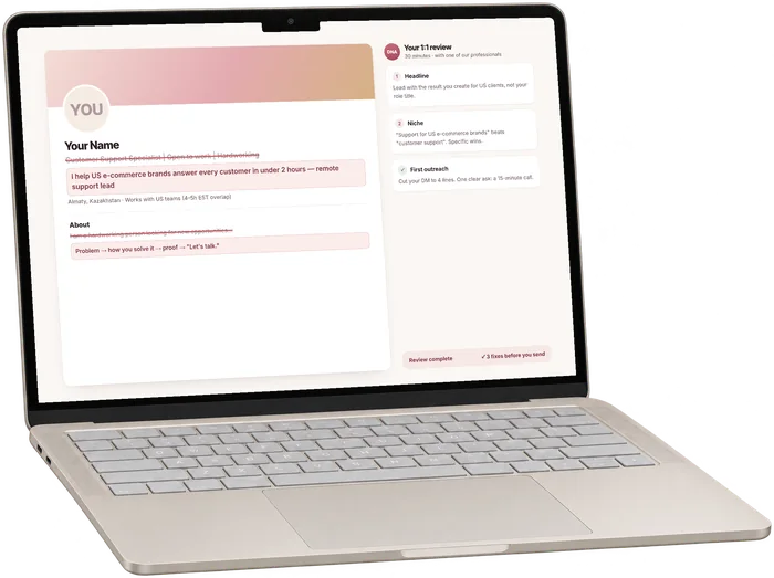 Illustrative example of a 1:1 review: a sample LinkedIn profile on a laptop, with notes on what to change