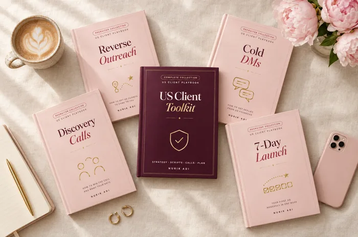 The complete US Client Toolkit: the US Client Toolkit volume and the four playbooks, Reverse Outreach, Cold DMs, Discovery Calls and 7-Day Launch