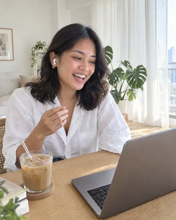A smiling woman with an earbud on a video call at her laptop, an iced coffee on the desk