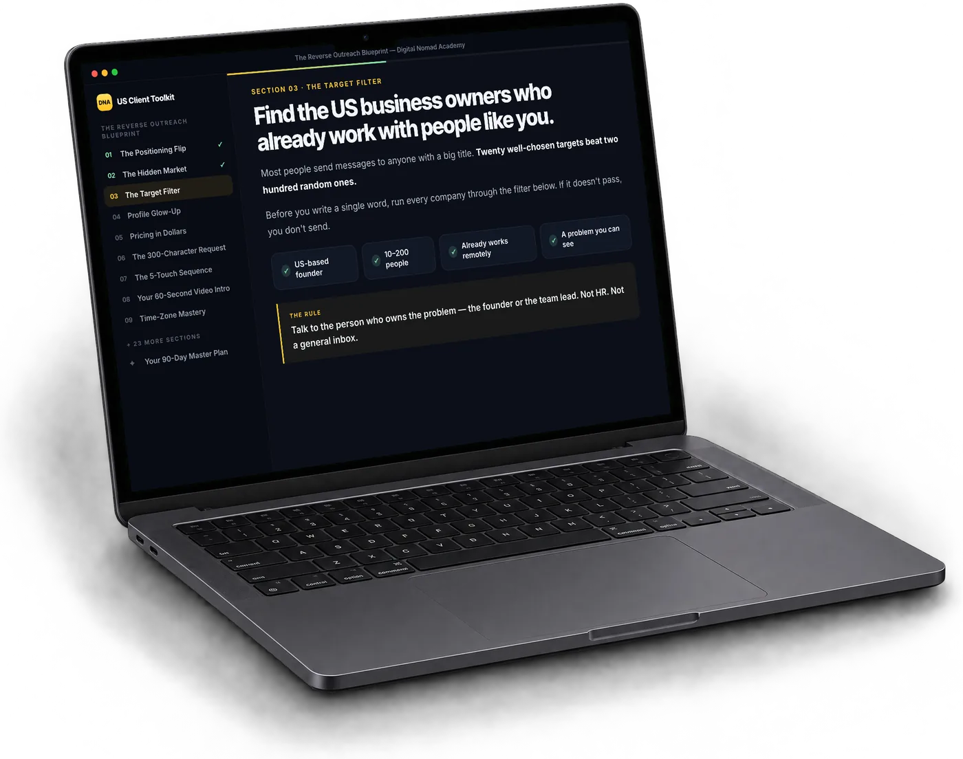 The Reverse Outreach Blueprint open on a laptop, on the section about finding US business owners who already work with people overseas