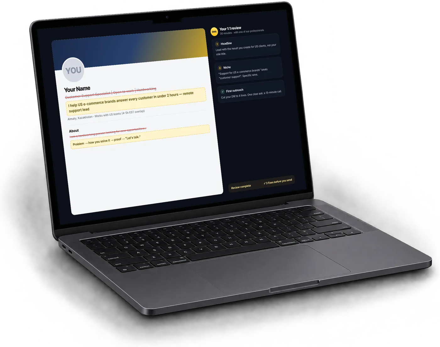 Illustrative example of a 1:1 review: a sample LinkedIn profile on a laptop, with notes on what to change