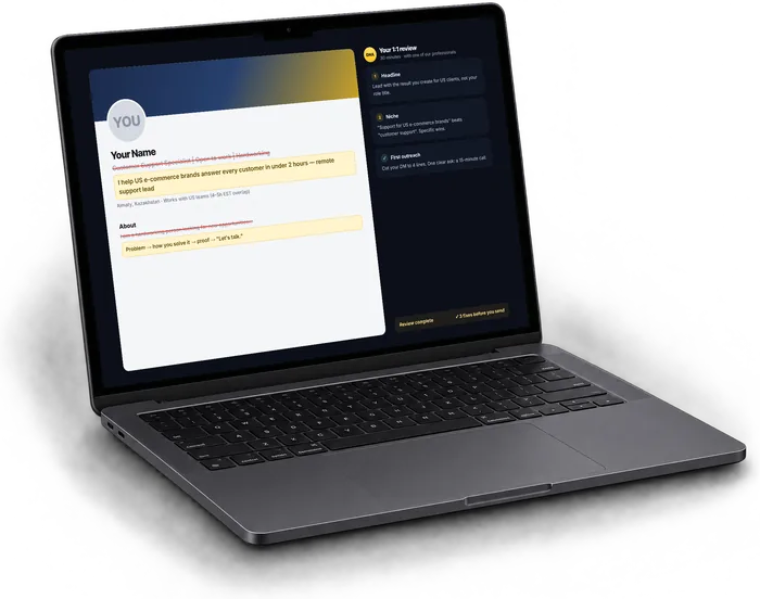 Illustrative example of a 1:1 review: a sample LinkedIn profile on a laptop, with notes on what to change